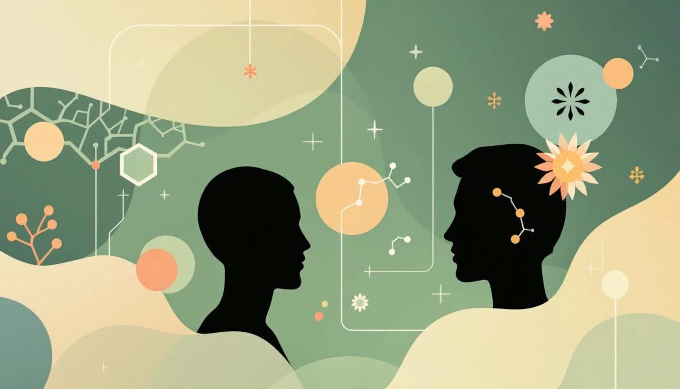 Medical illustration showing medication symbols and brain reward pathways in warm editorial style