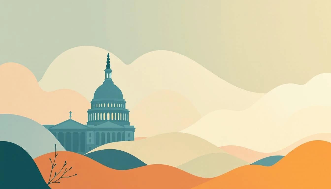 Legislative policy symbols with mental health and workforce development elements in warm editorial illustration style