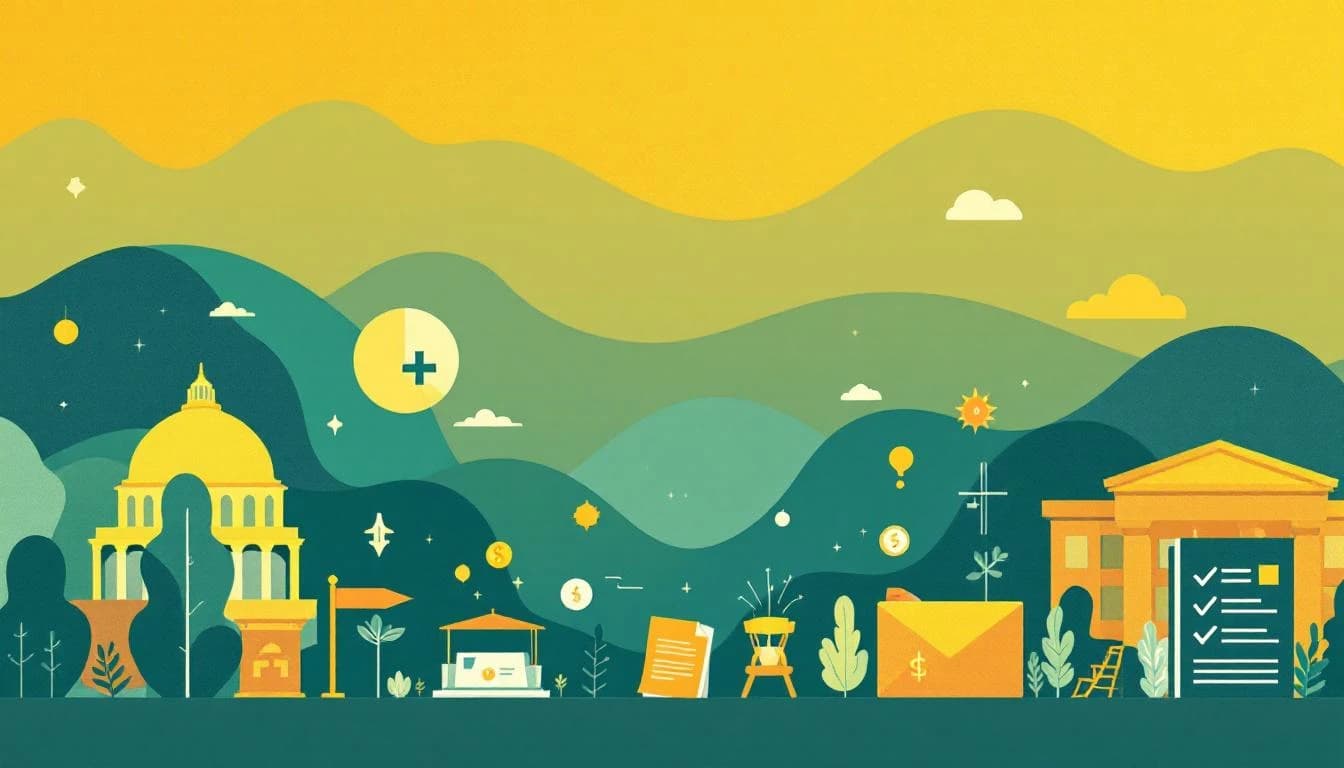 Abstract illustration showing government funding symbols and document icons representing federal grant policy changes