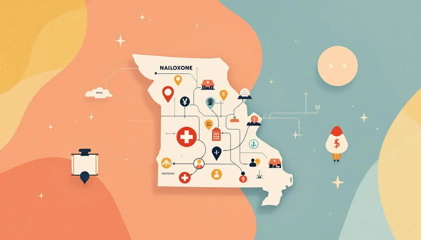 Editorial illustration showing Missouri state map with naloxone distribution network, emergency response symbols, and funding patterns connecting rural and urban communities