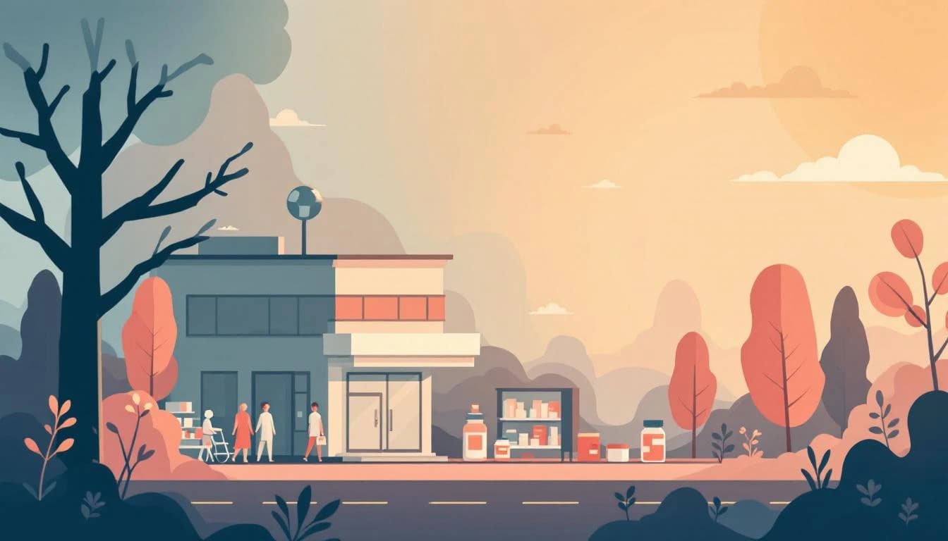 Simplified pharmacy building silhouette with medical symbols showing treatment accessibility in community setting
