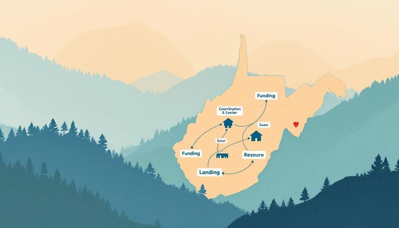 West Virginia state map with funding network connecting six regions, coordination center symbols, resource distribution patterns flowing through communities