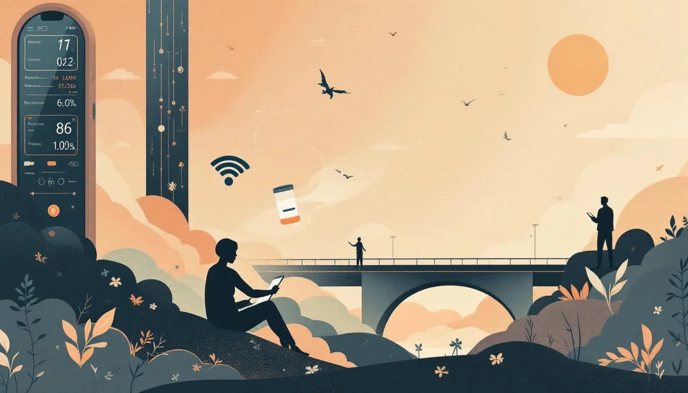 Warm editorial illustration showing phone symbols, wifi connectivity, prescription flowing digitally through screens, person accessing buprenorphine treatment from home, bridge connecting rural areas to care, hope through technology.