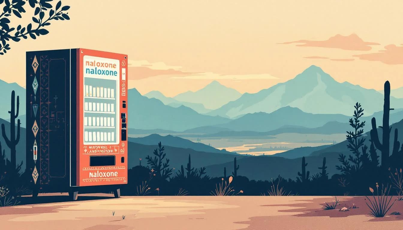 Community health resources flowing through accessible vending machine system with naloxone symbols, Eastern Shoshone tribal patterns, Wyoming landscape with reservation setting, harm reduction network, stigma-free access pathways