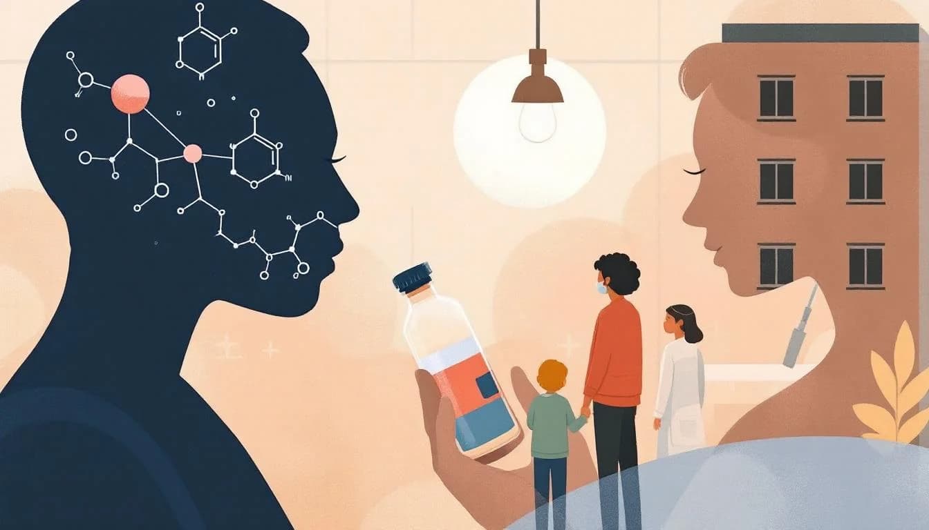 Warm editorial illustration showing veterinary medication symbols, molecular structures, medical monitoring equipment, and harm reduction network connecting emergency response to community care