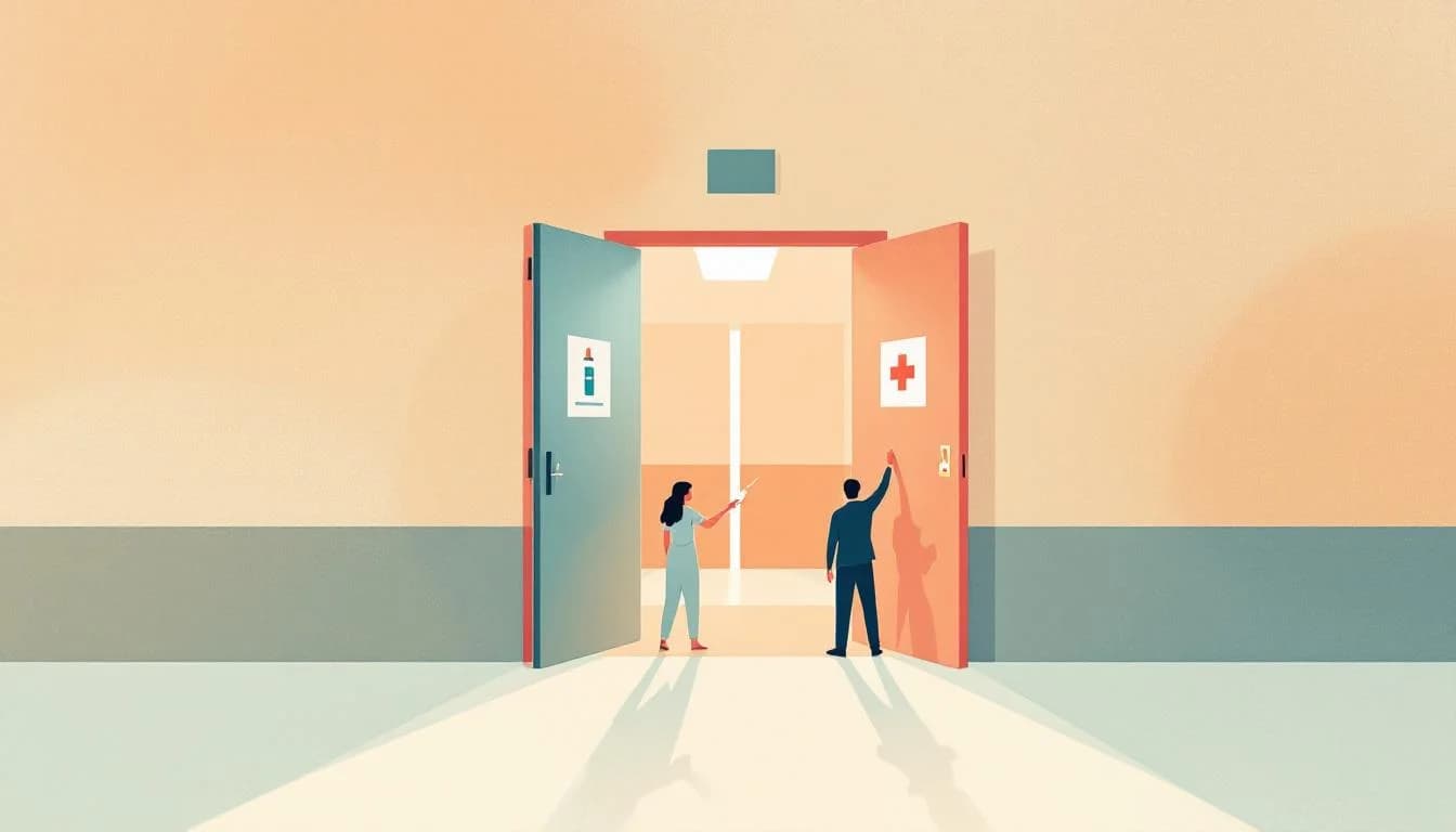 California correctional facility with naloxone distribution symbols, open doors, medication access pathway, and people receiving life-saving treatment