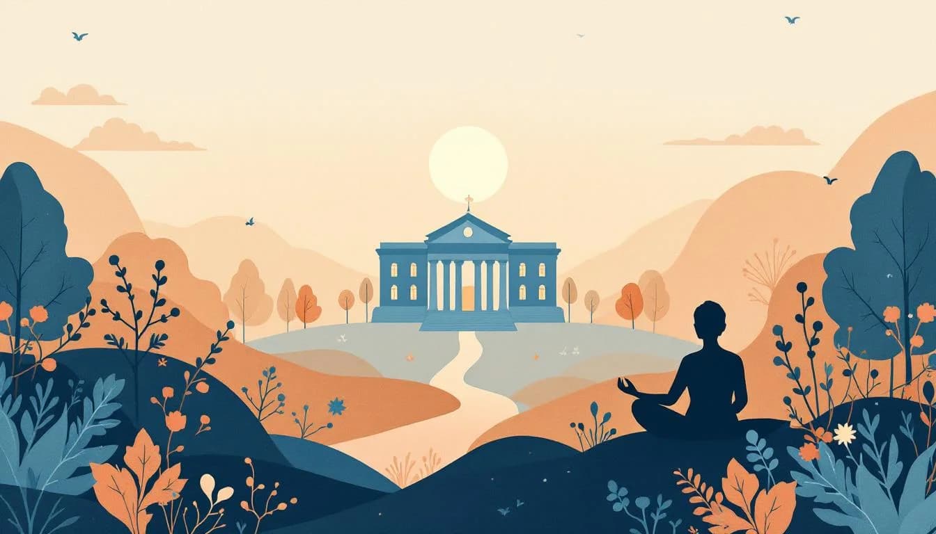 Warm editorial illustration showing mindfulness meditation symbols, ketamine therapy research setting, buprenorphine treatment pathway, brain neural connectivity patterns, recovery journey with therapeutic support