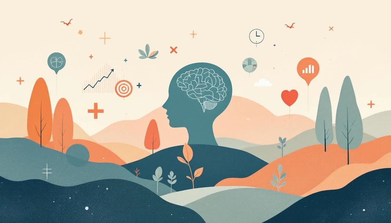 Medication treatment symbols with brain health and research elements showing mental health improvement
