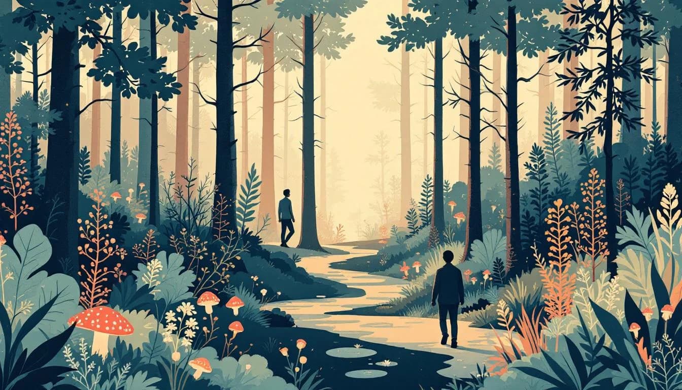 Warm illustration of Oregon forest retreat setting with psilocybin mushroom symbols and therapeutic journey pathway