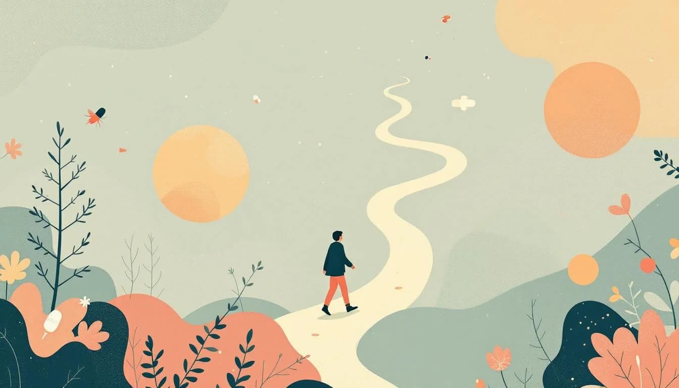 Warm editorial illustration showing youth support network with treatment pathway symbols and developmental care elements