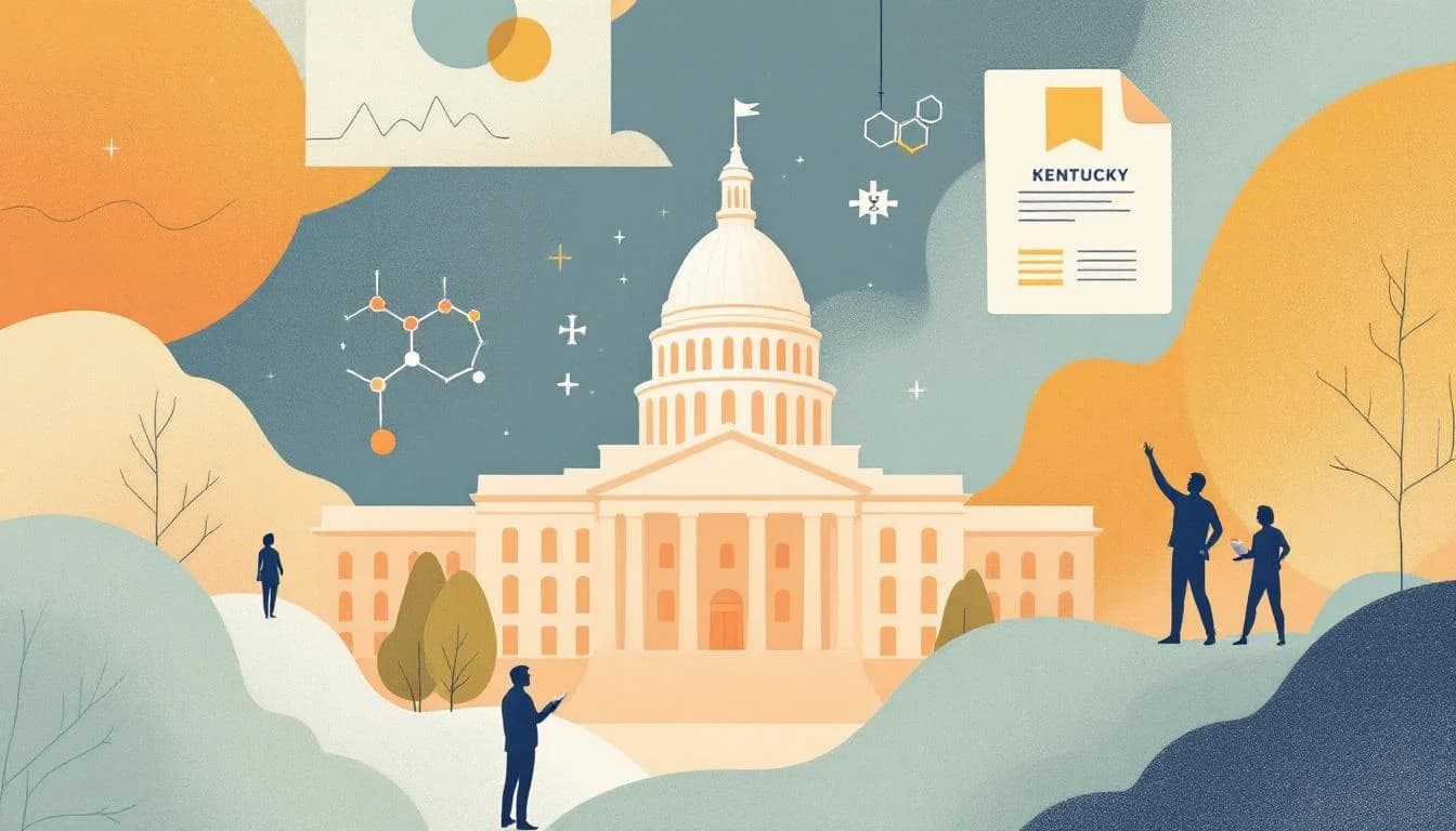 Kentucky state capitol building with legislative documents, research lab setting, molecule structures in silhouette, hope for breakthrough treatment