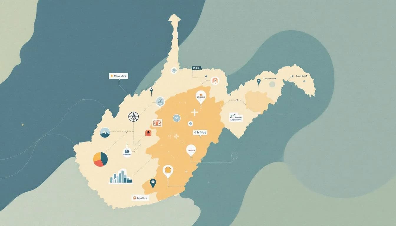 West Virginia state map with funding network, data visualization symbols showing assessment patterns, university research center coordination, resource distribution analysis, settlement allocation bringing hope to communities