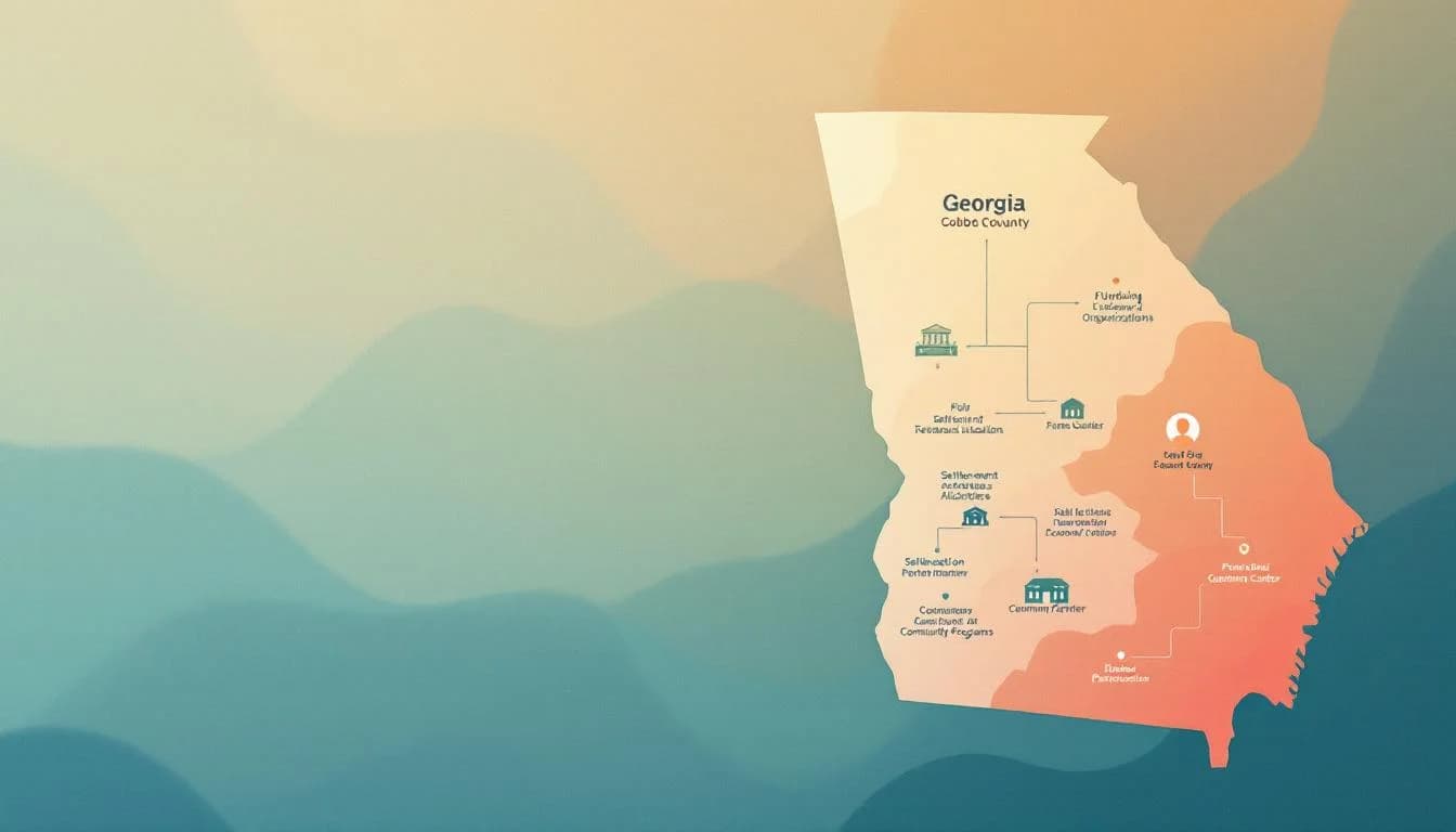 Georgia state map with funding network connecting Cobb County organizations, settlement allocation patterns bringing resources to treatment facilities and community programs