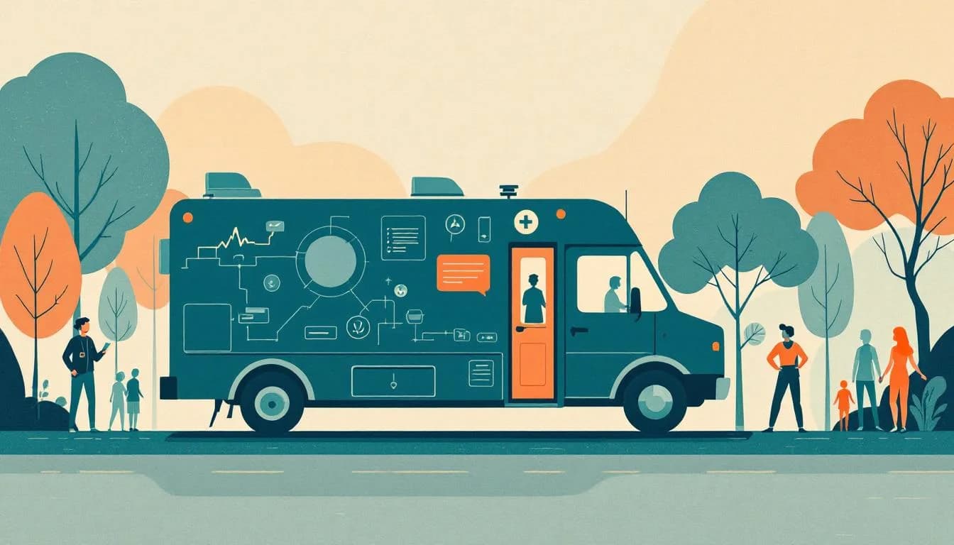 Illustration showing community-based crisis response model with mobile crisis team vehicle, peer support symbols, and inclusive community care pathway