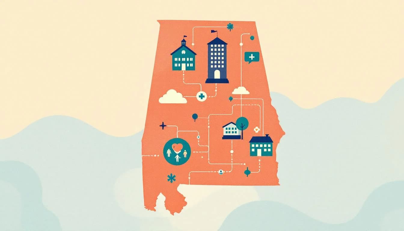 Alabama state outline with healthcare facility and treatment access pathways connecting communities