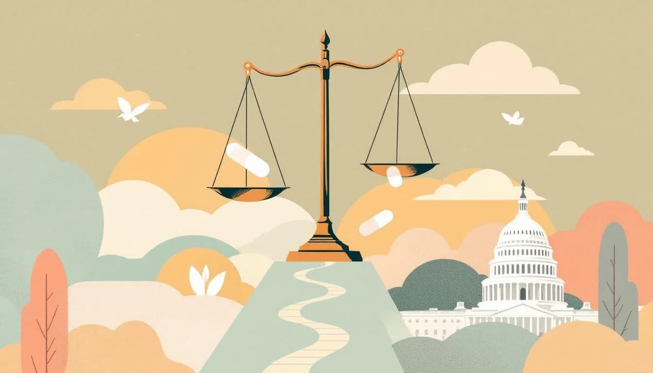 Scales of justice beside medication symbols and federal documents illustrating legislative debate over methadone treatment flexibility