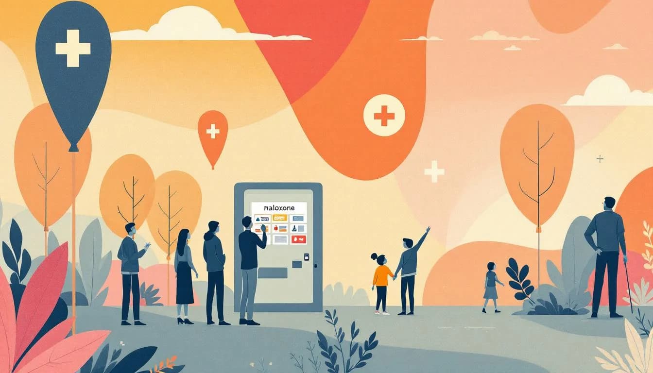 Naloxone distribution network symbols with community access points and protective support elements across Austin area