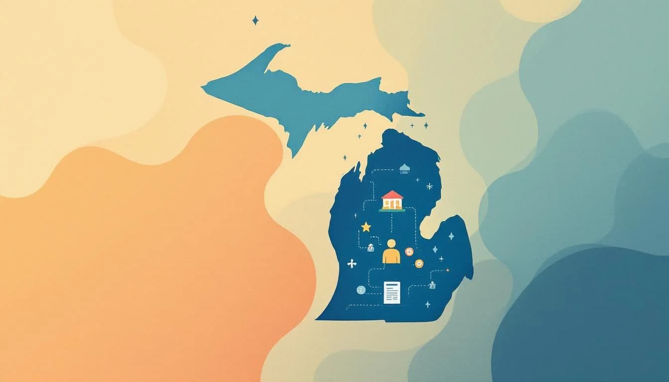Warm editorial illustration showing Michigan state map, healthcare workforce symbols, student loan document icons, opioid treatment facility silhouette, and funding resources flowing to expand treatment access across communities