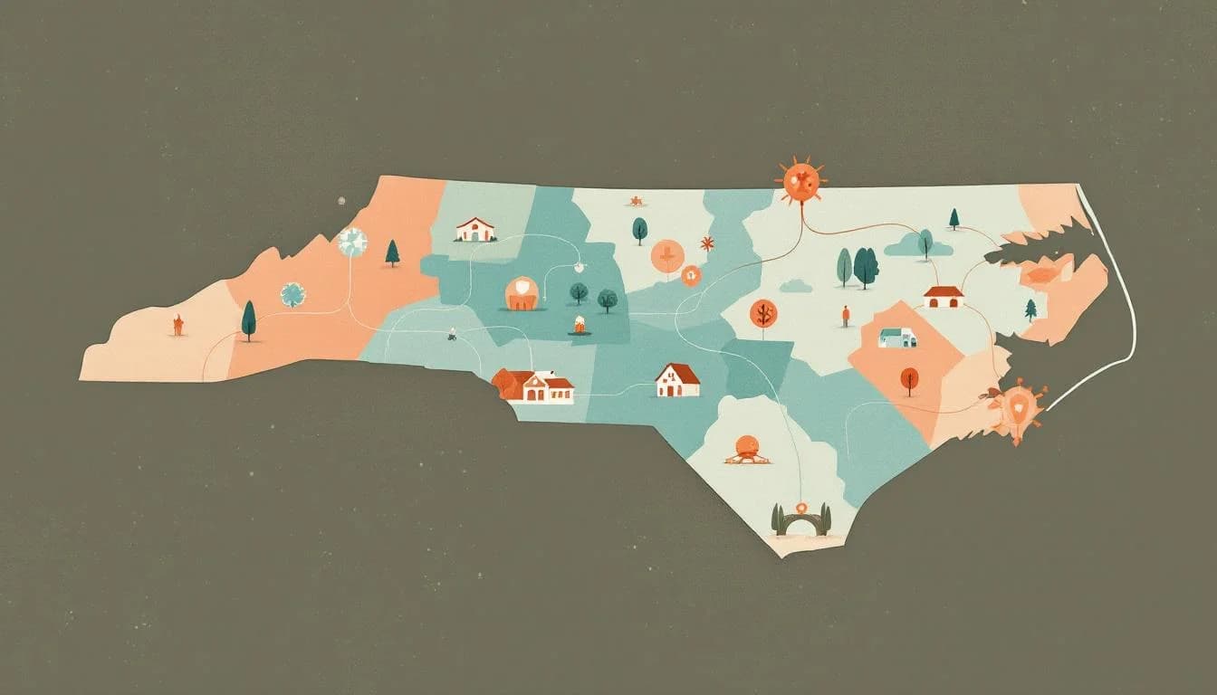 North Carolina state map with funding network connecting rural communities, coordination center, and resource distribution flowing through pathways bringing support to underserved areas