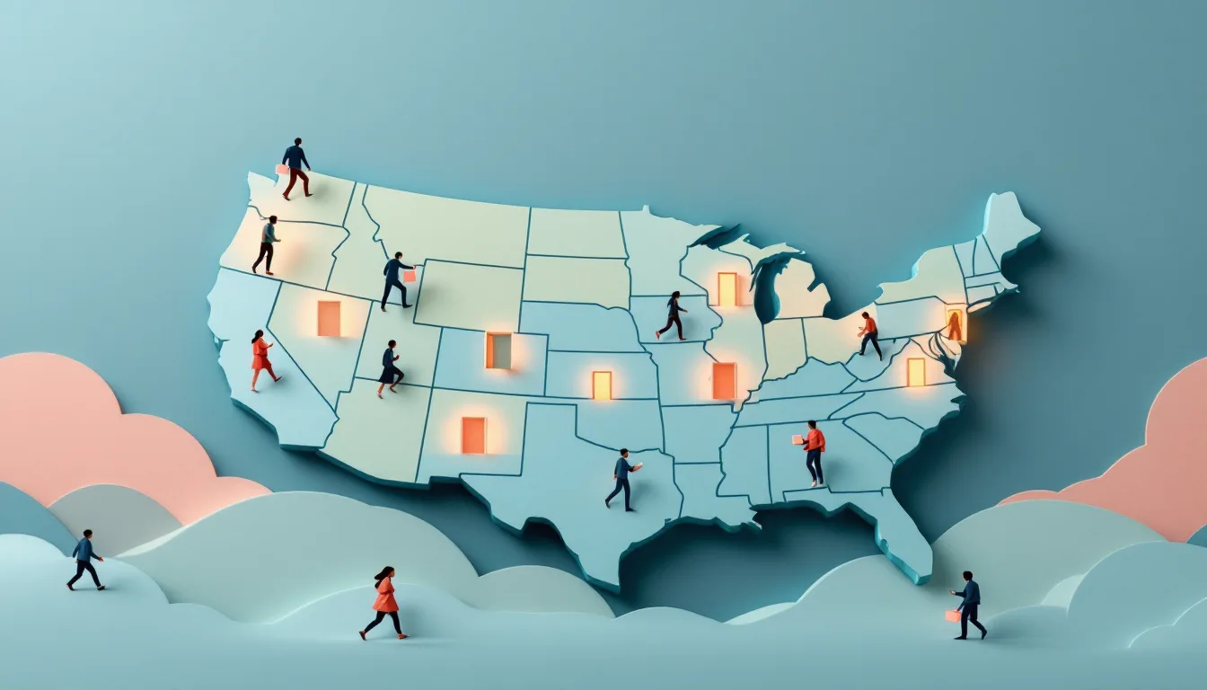 Stylized US map with clinic doors opening across states, people with health insurance cards accessing opioid treatment