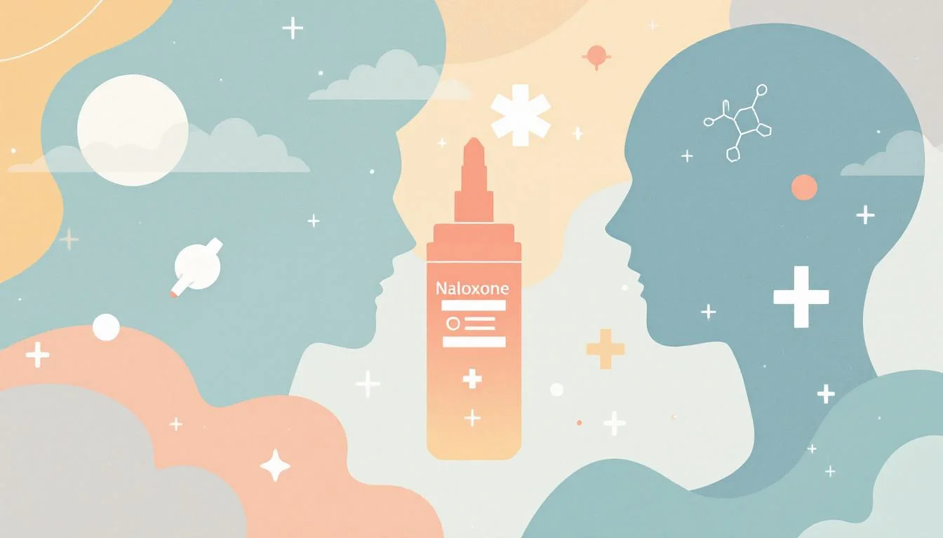 Editorial illustration showing naloxone emergency response and synthetic opioid molecular structures in warm muted tones