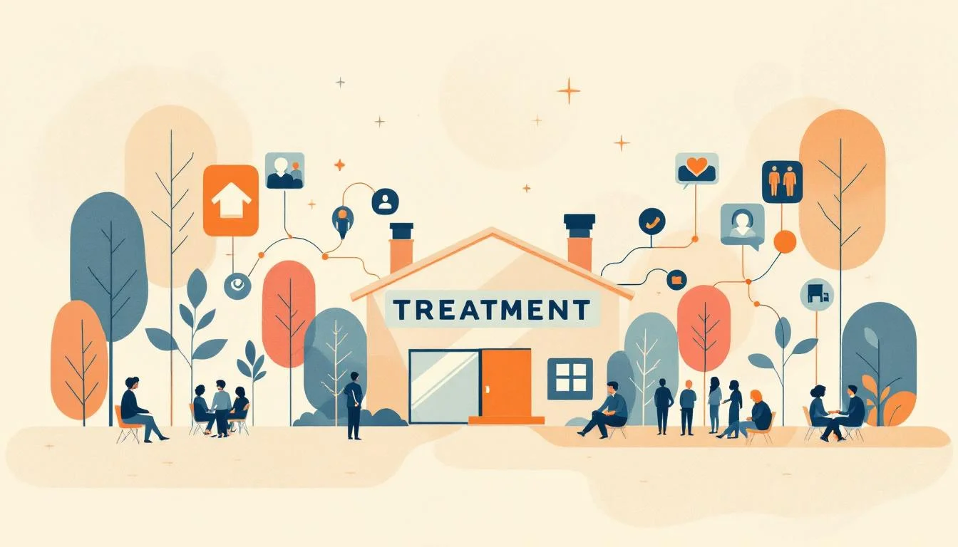 Warm editorial illustration showing treatment facility symbols, support network connections, and hope for recovery from gambling addiction