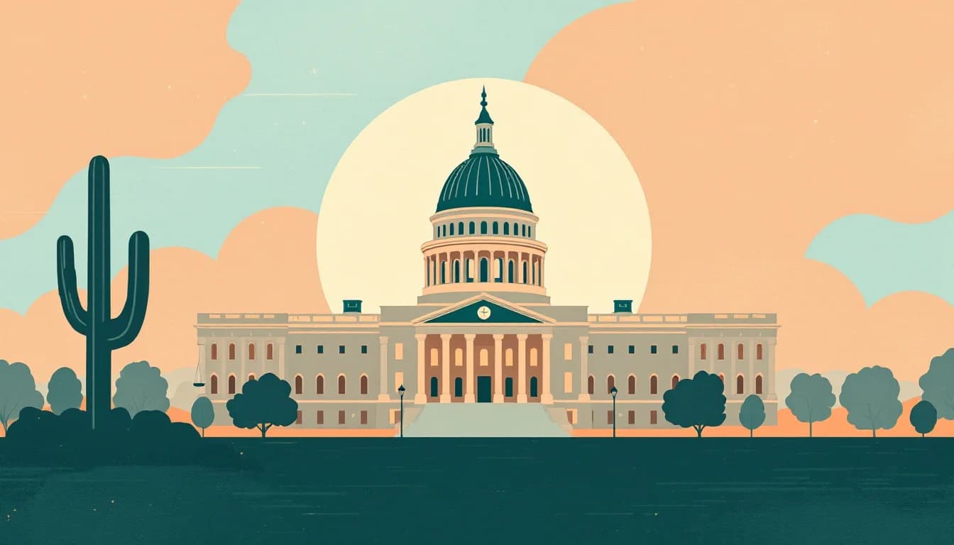 Arizona state capitol building with legal documents and accountability symbols representing opioid settlement fund oversight