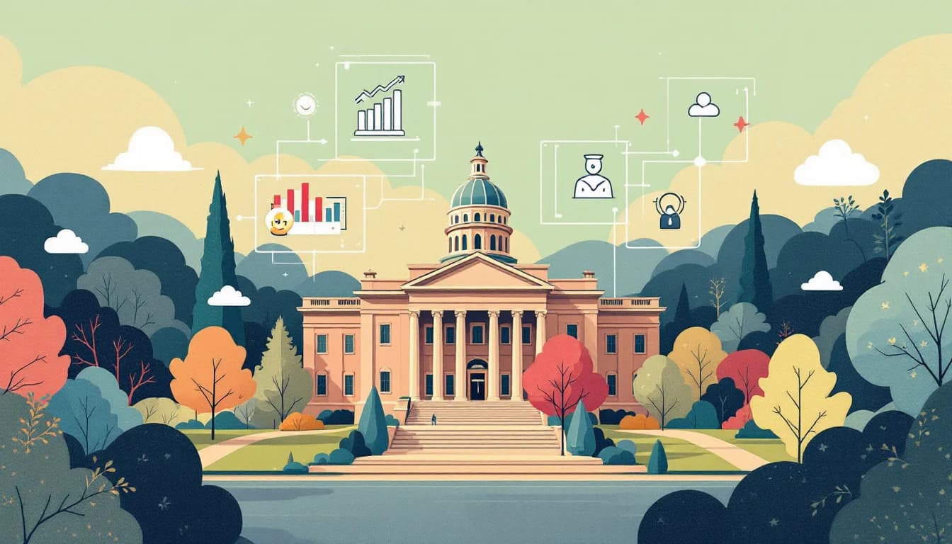 Maryland state government building with transparent digital dashboard visualization showing funding allocation and accountability symbols