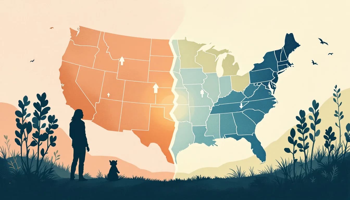 Map of United States showing declining overdose trends in eastern states contrasting with rising mortality in western regions, warm editorial illustration