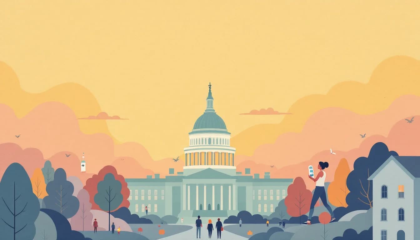 New York State capitol building with declining trend line visualization, harm reduction symbols, and medication-assisted treatment icons in warm editorial illustration style