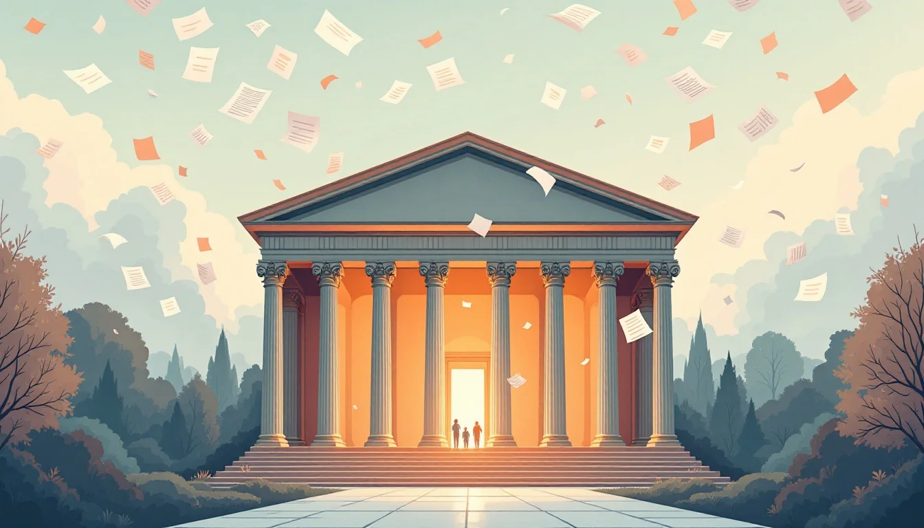 Warm editorial illustration of a federal building with document pages flowing toward open doors, symbolizing public input on national addiction policy