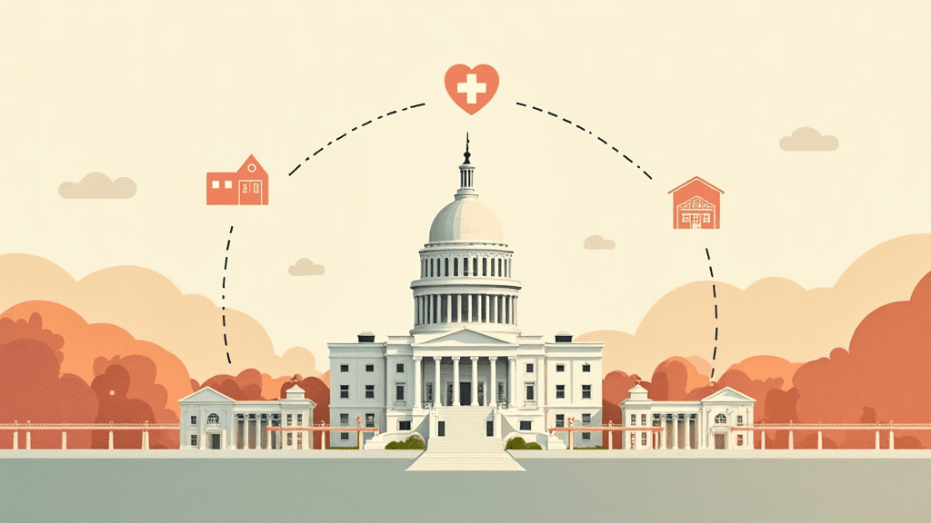Federal government building with funding network symbols connecting to community health centers, warm editorial illustration in amber and blue tones
