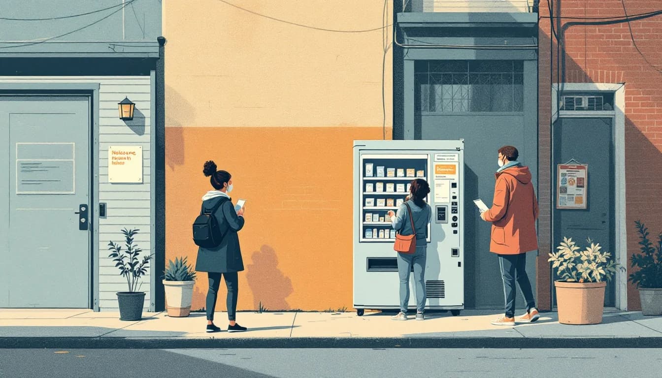 Public health vending machine providing free naloxone and harm reduction supplies in urban setting