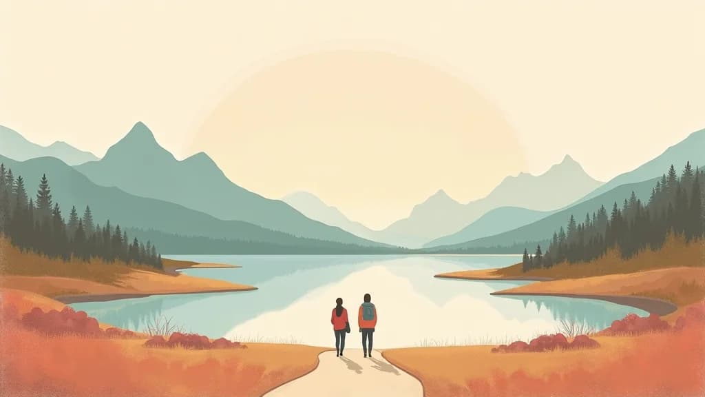 Rural Alaska coastal community with recovery support network symbols, warm editorial illustration