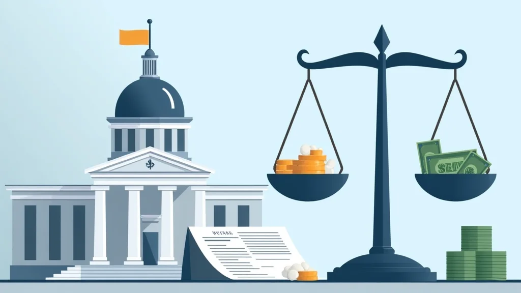 Editorial illustration of state capitol building with budget documents and healthcare symbols, representing opioid settlement funding policy decisions