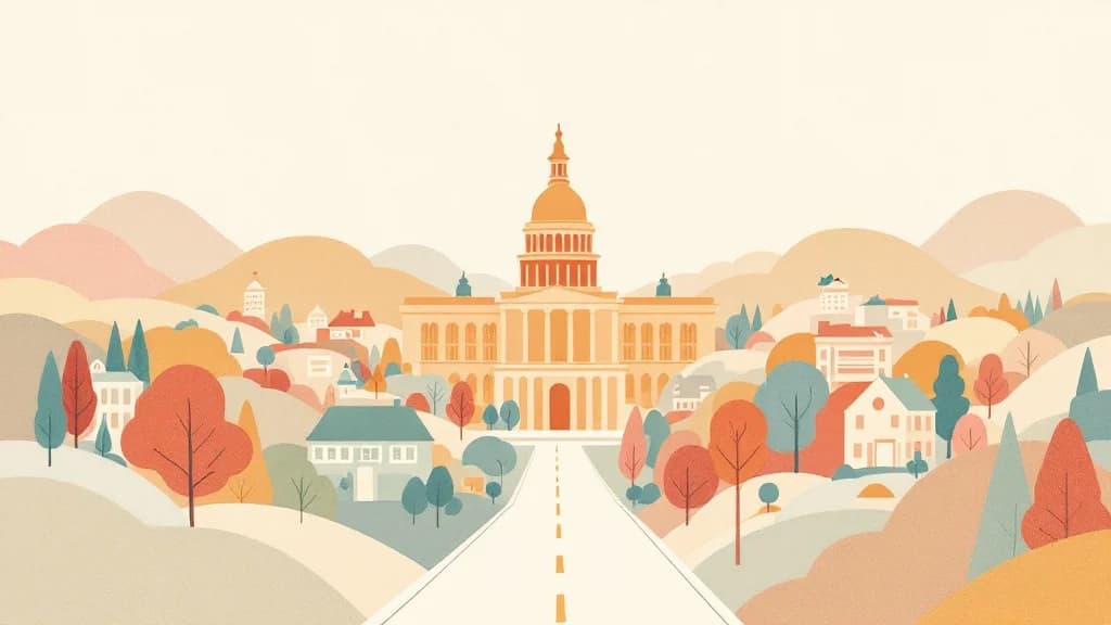 North Carolina state capitol building with legislative documents, funding allocation symbols, and community treatment pathways in warm editorial illustration style