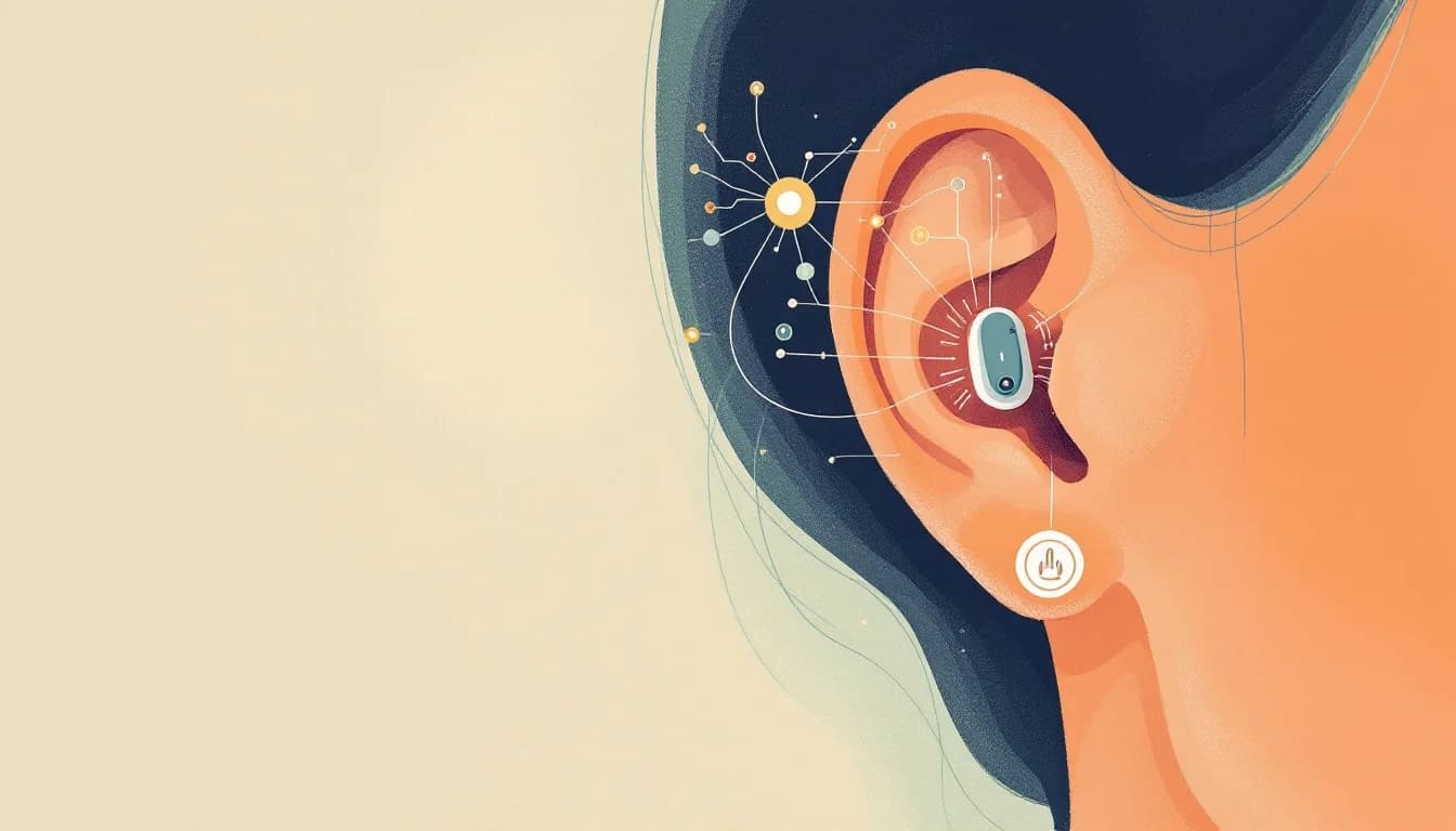 Auricular neurostimulation device on ear with medical technology symbols, warm editorial illustration