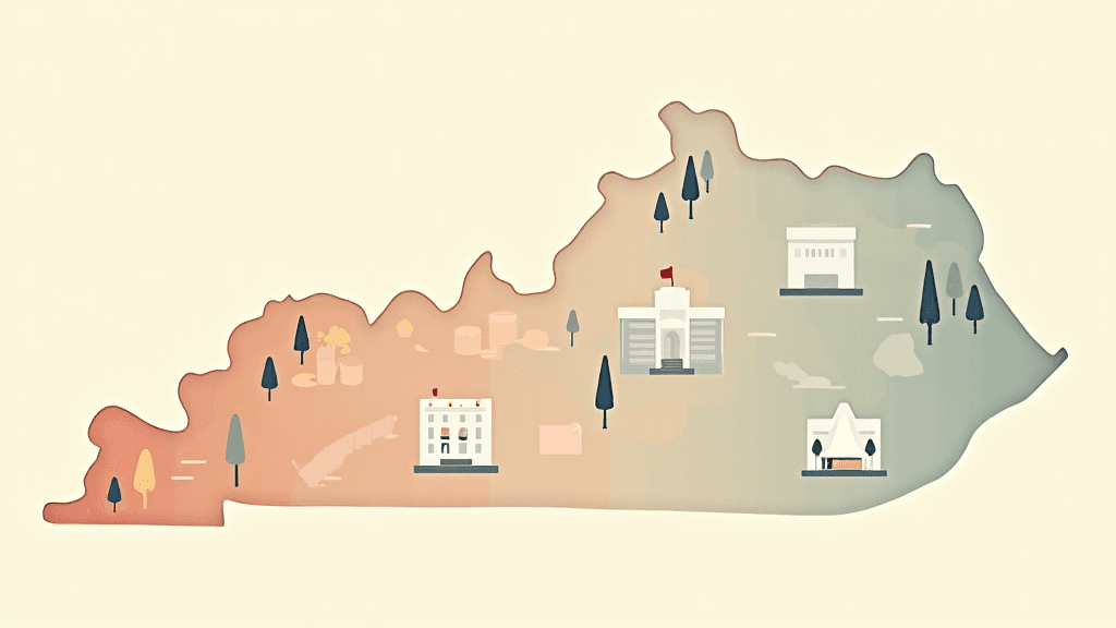 Kentucky state map with funding network symbols, showing unallocated resources and community needs, warm editorial illustration