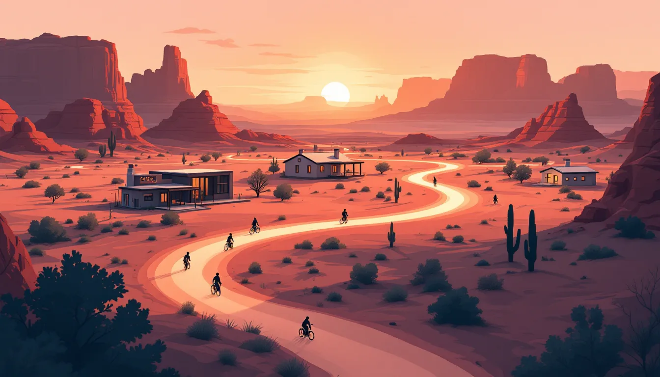Flat vector editorial illustration of the Moab Utah red rock landscape with a small town whose clinic, house and community center are linked by one glowing circular recovery path