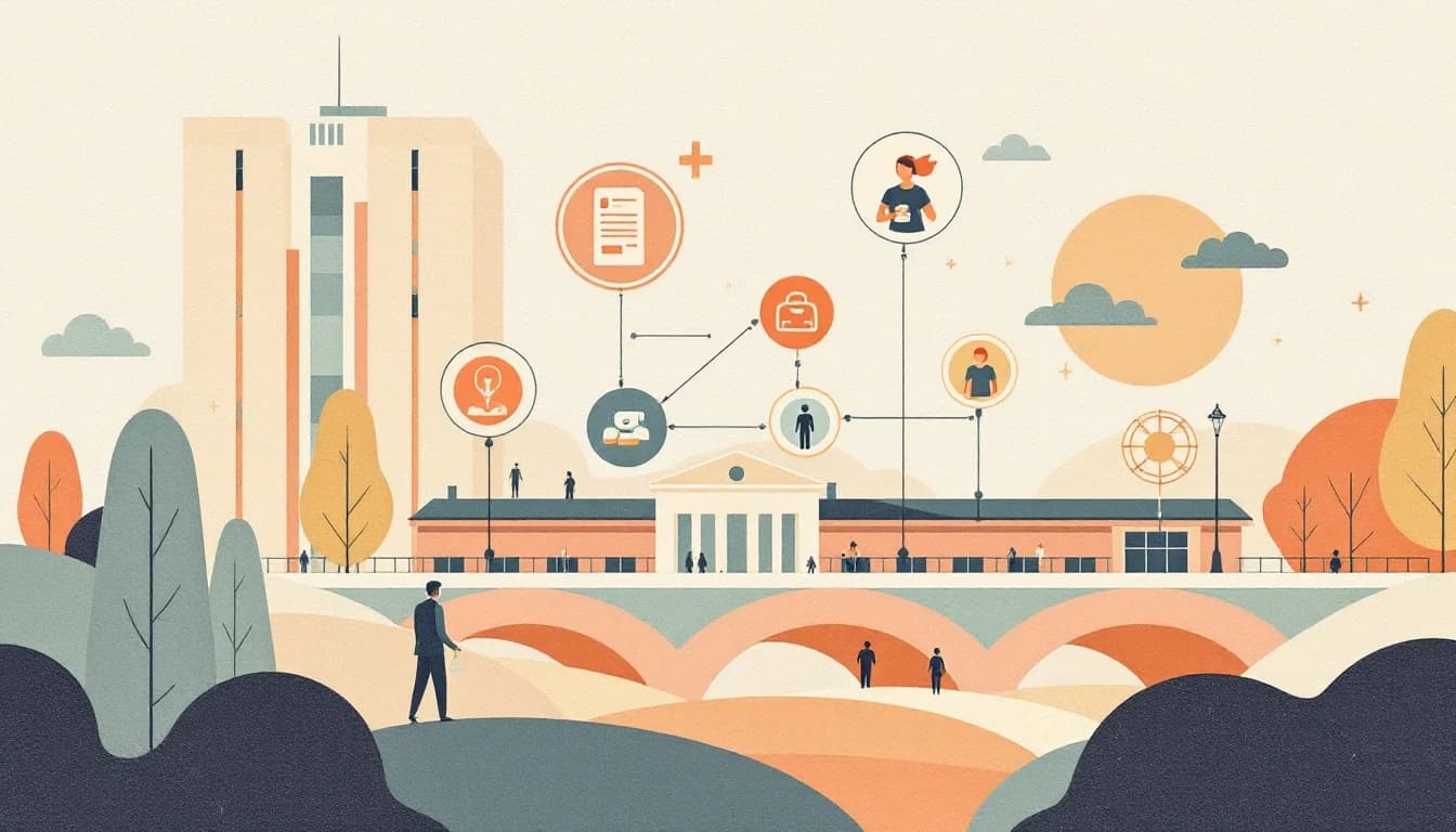 Federal health agency building with funding network symbols, warm editorial illustration showing resource distribution for addiction treatment and mental health services