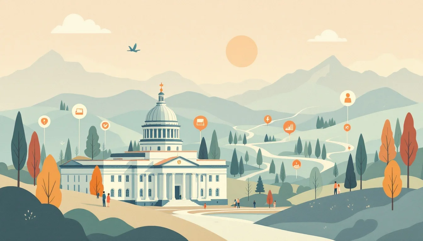 Colorado state capitol building with community support network symbols, warm editorial illustration showing prevention and recovery pathways