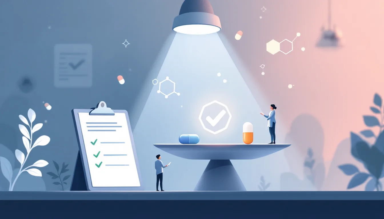 Flat vector editorial illustration of two pill capsules on a balanced scale in a pharmaceutical laboratory, one glowing brighter, symbolizing a new oral medicine winning a clinical trial
