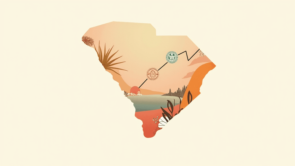 South Carolina state outline with declining trend lines, warm editorial illustration showing hope and recovery