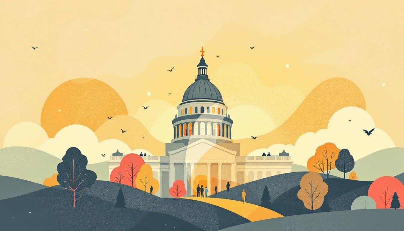 Wisconsin state capitol building with healthcare symbols, warm editorial illustration showing declining trend