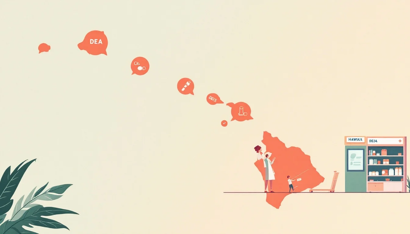 Hawaii state outline with regulatory symbols and healthcare elements, warm editorial illustration