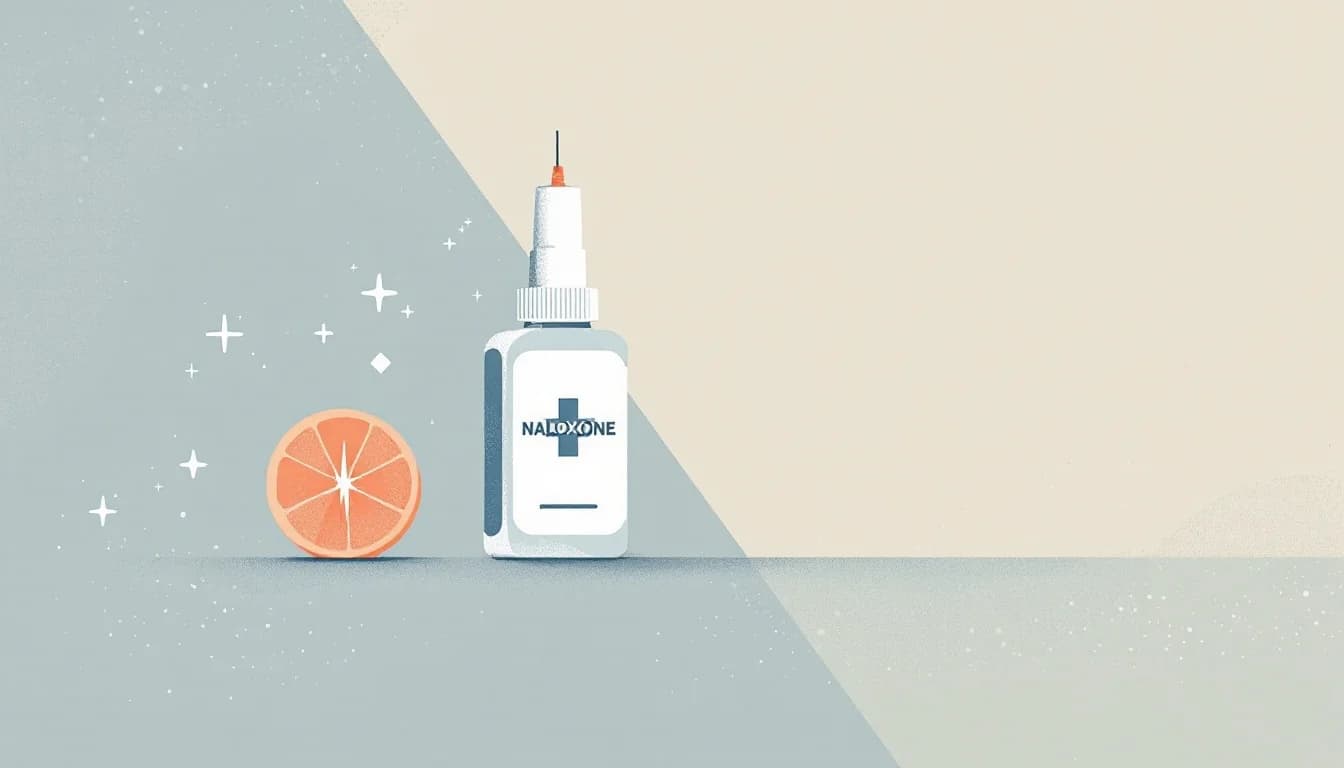Naloxone nasal spray device with emergency medical symbols, warm editorial illustration