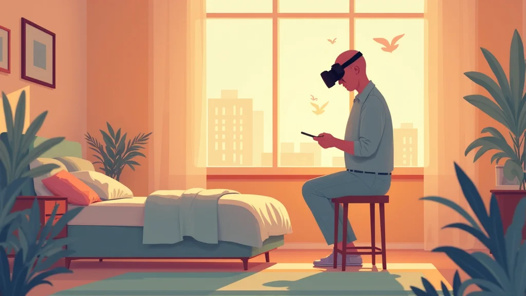 Veteran using VR headset for pain therapy at home, warm editorial illustration with soft amber and blue tones