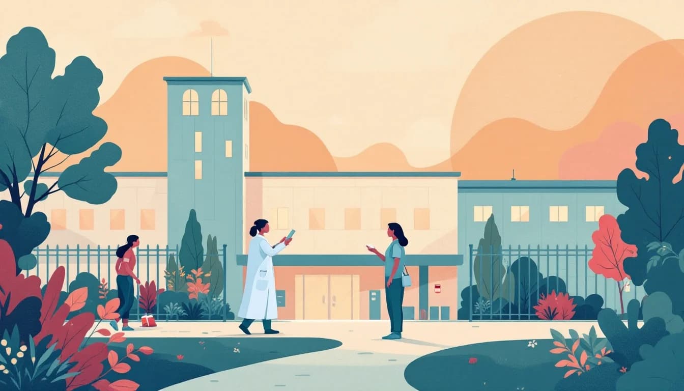 California correctional facility with medical services and recovery pathway, warm editorial illustration