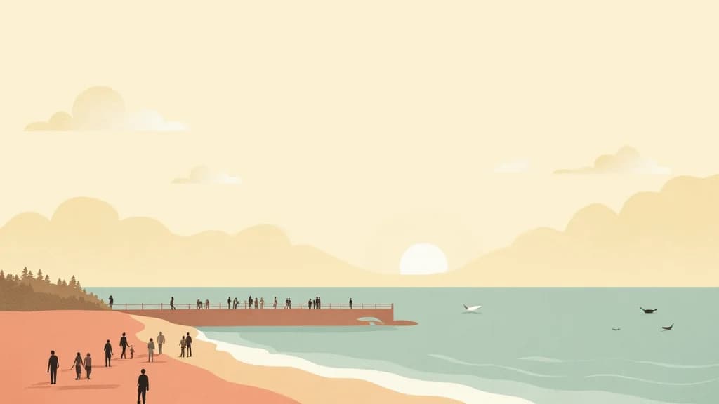 Warm editorial illustration showing Florida Gulf Coast with recovery symbols, community support network, and declining trend indicators in soft amber and sage tones