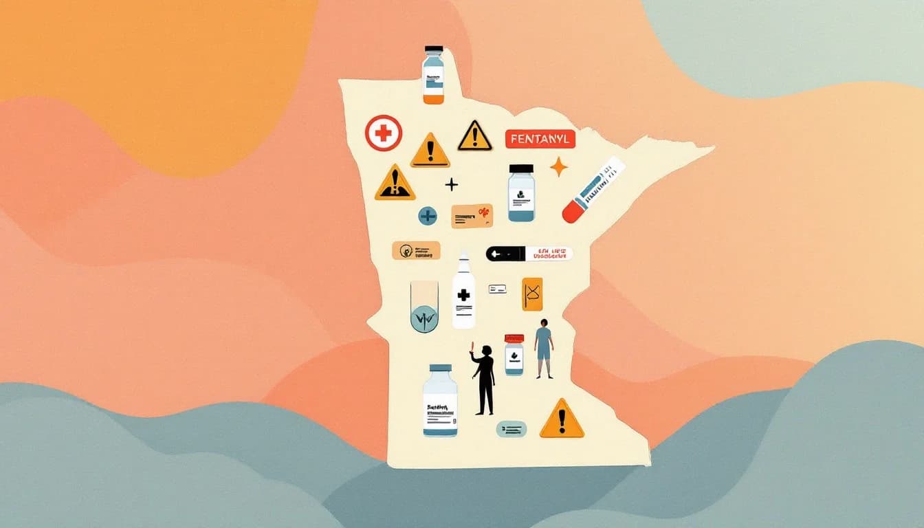 Minnesota state outline with warning symbols and harm reduction elements, warm editorial illustration